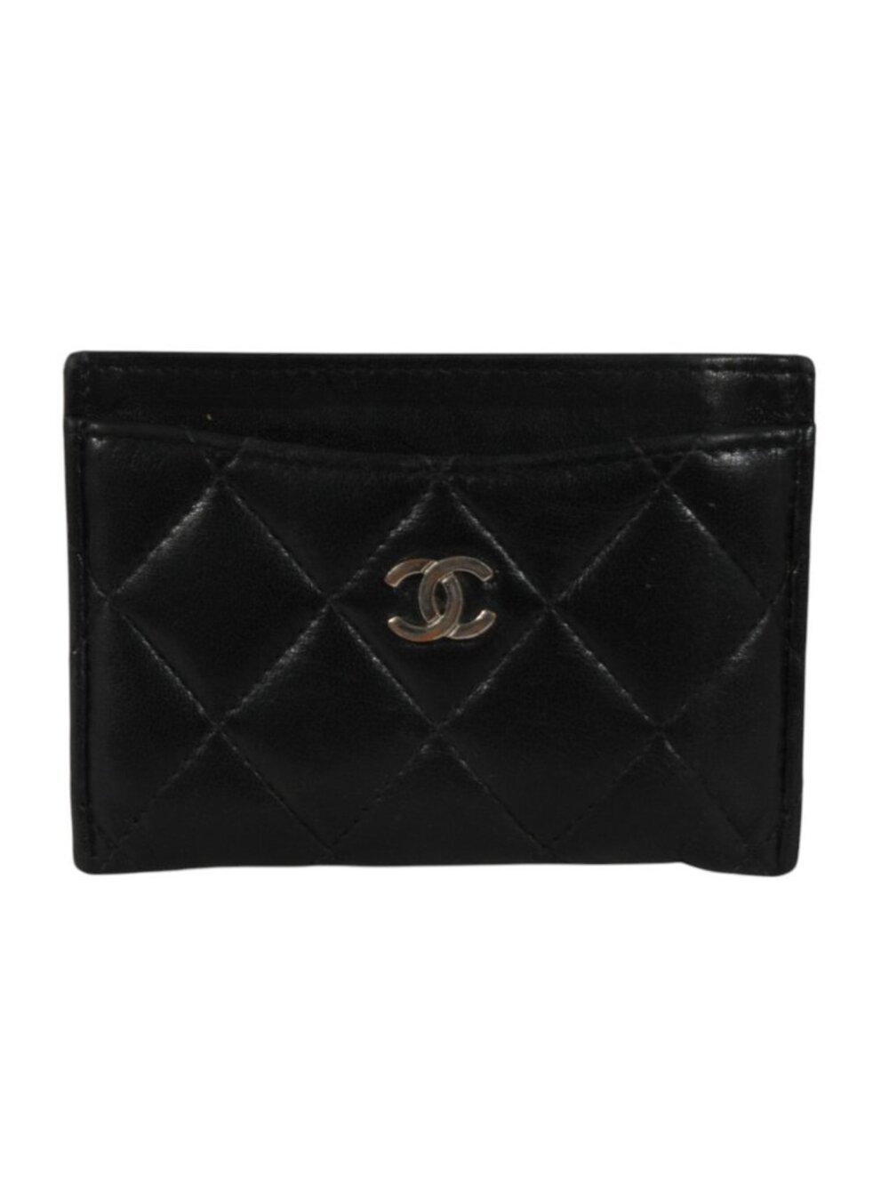 Chanel Quilted Lambskin Black Leather Card Holder Wallet CC Logo Silver Travel
